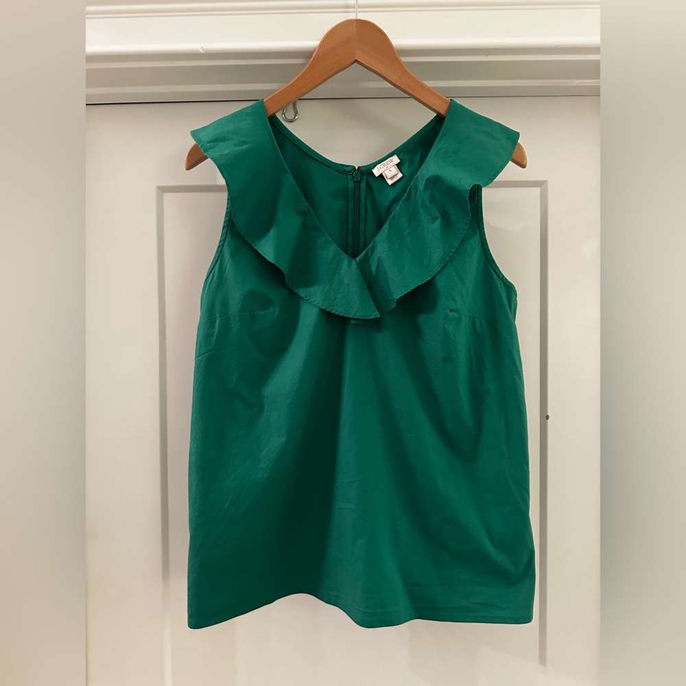 J.Crew Kelly Green Sleeveless Poplin Blouse with Ruffle Collar -Size 8